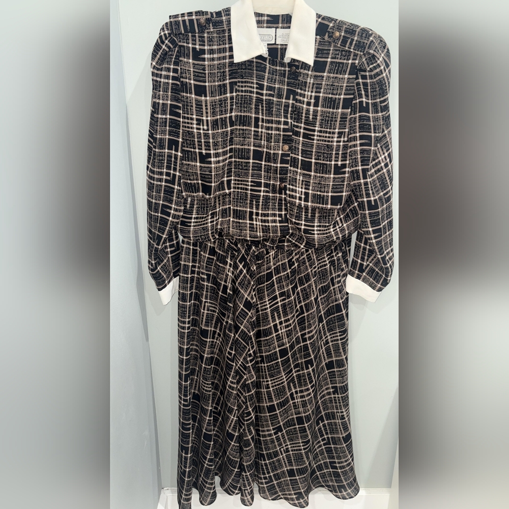80's Liz Roberts Navy Butterfly Print Belted Lace Collar Dress Sz 16 *READ